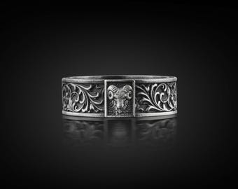 Aries Ram Zodiac Sterling Silver Band Ring for Men, Oxidized Astrology Animal Jewelry, 925 Solid Silver Boho Leaf Pattern Women Gift Ring