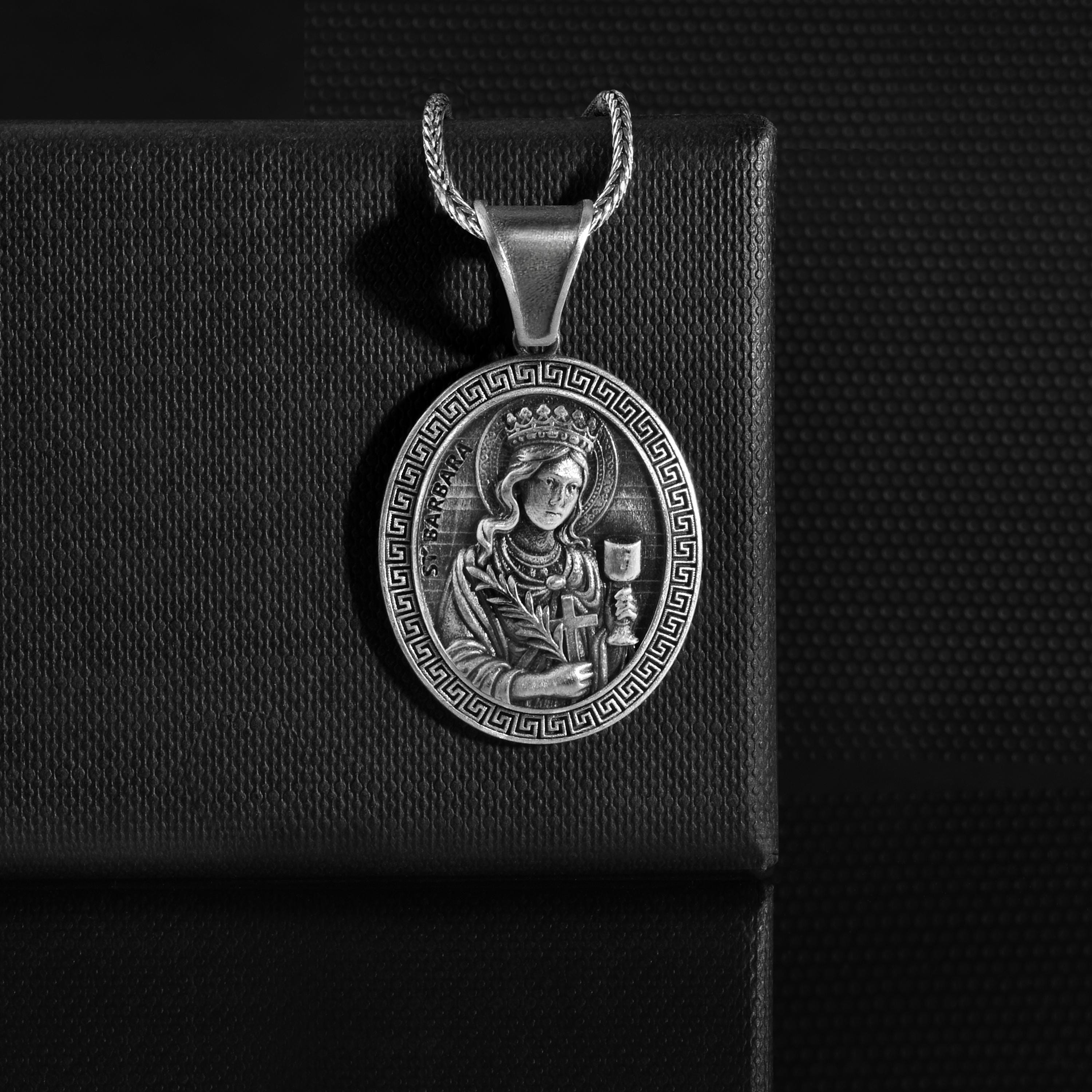 Unique Saint Barbara 925K Silver Men Personalized Necklace, Greek