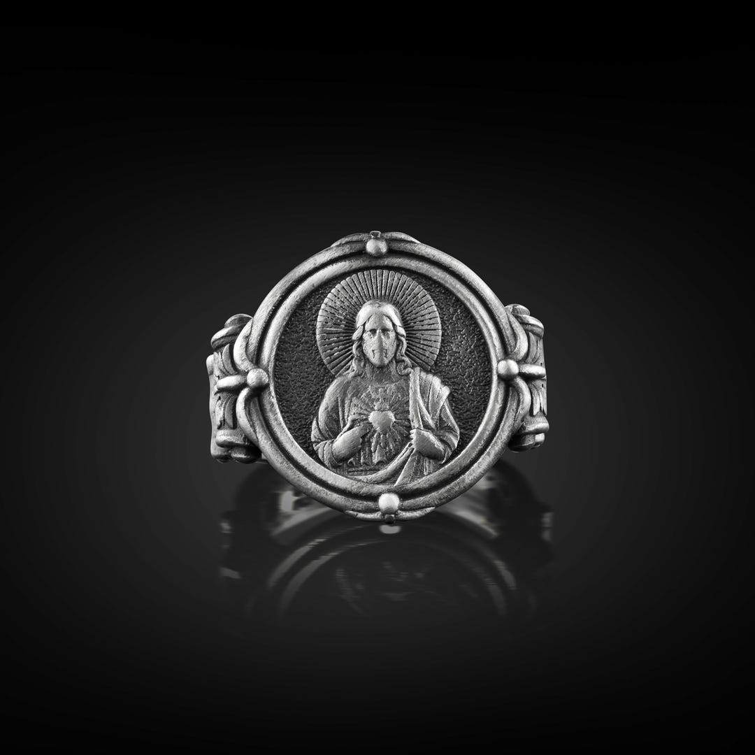 Jesus With Sacred Heart Signet Ring for Men in 925K Silver, Unique ...