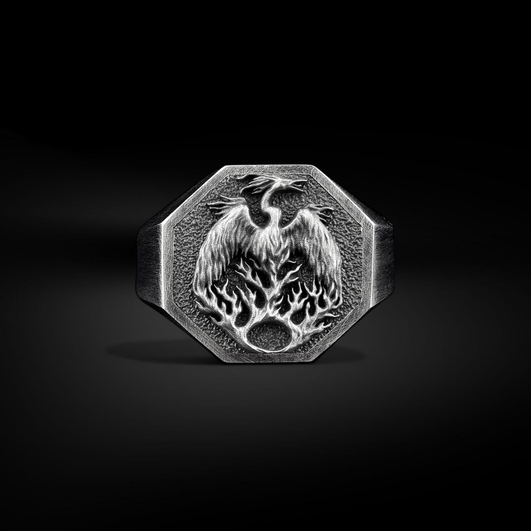 Phoenix Ring Design Handmade Silver Phoenix Fire Bird Fantasy Signet Men Ring, Engraved ...