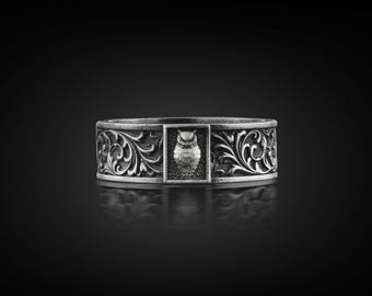 Owl Bird Sterling Silver Floral Band Ring for Men, Oxidized Symbol of Wisdom & fortune Ring, 925 Solid Silver Leaf Nature Pattern Jewelry