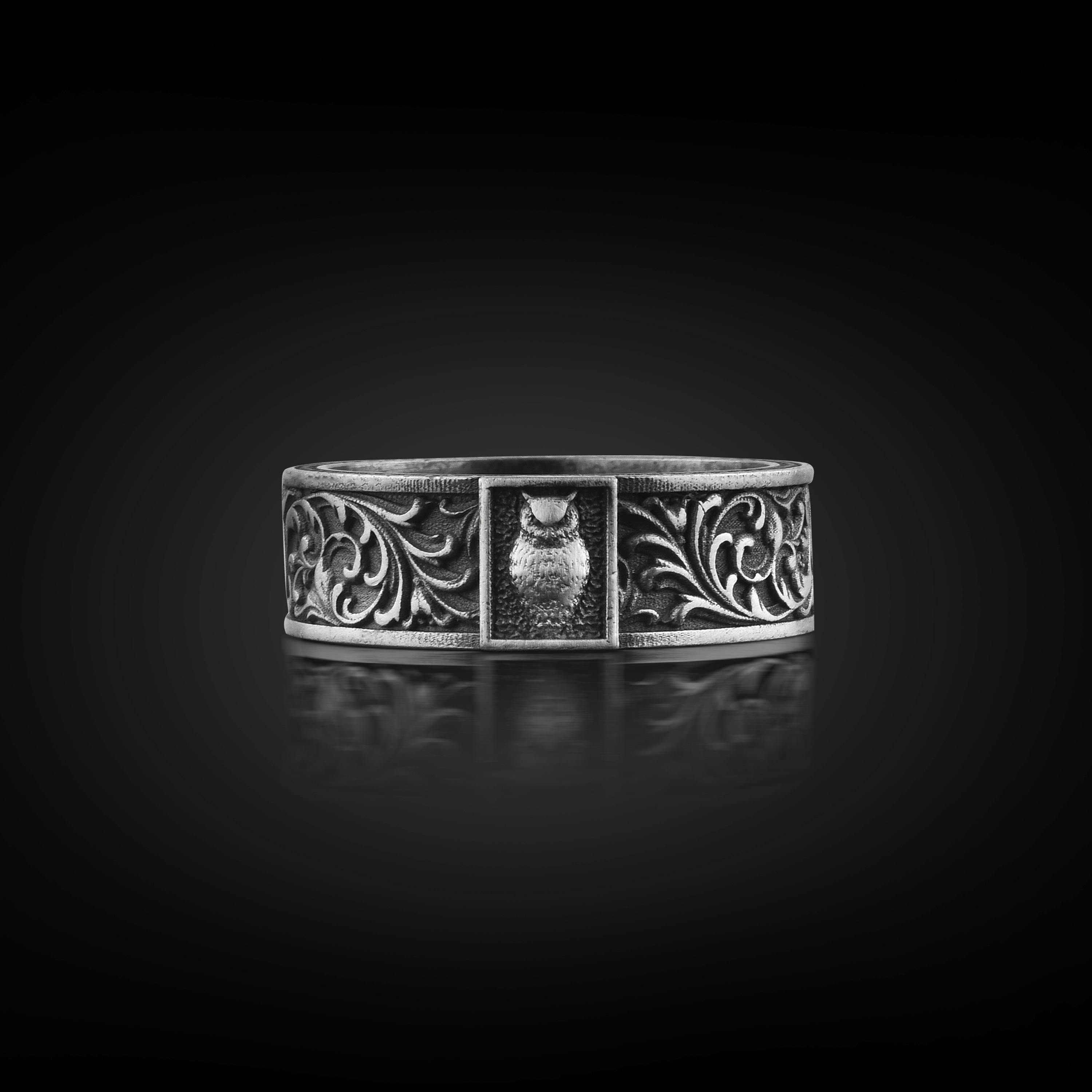 Owl Bird Sterling Silver Floral Band Ring for Men, Oxidized Symbol of Wisdom & fortune Ring, 925