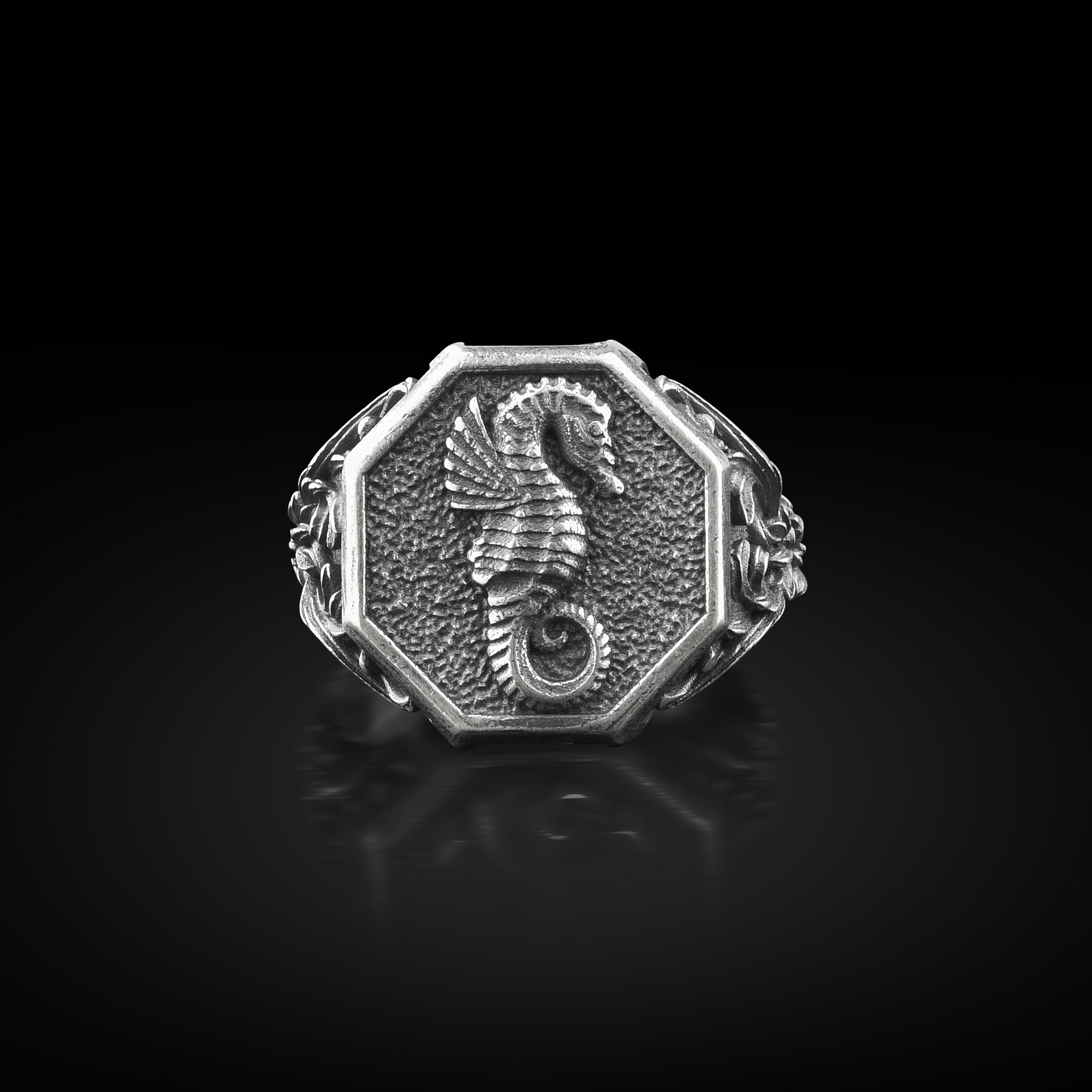 Engraved Seahorse Animal Signet Silver Men Ring, Sterling Silver