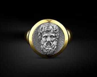 Father of The Gods Zeus Signet Men Ring in Gold Plated Silver, Greek Mythology God Ring Jewelry, Minimalist Ancient Goddess Men Gift Jewelry