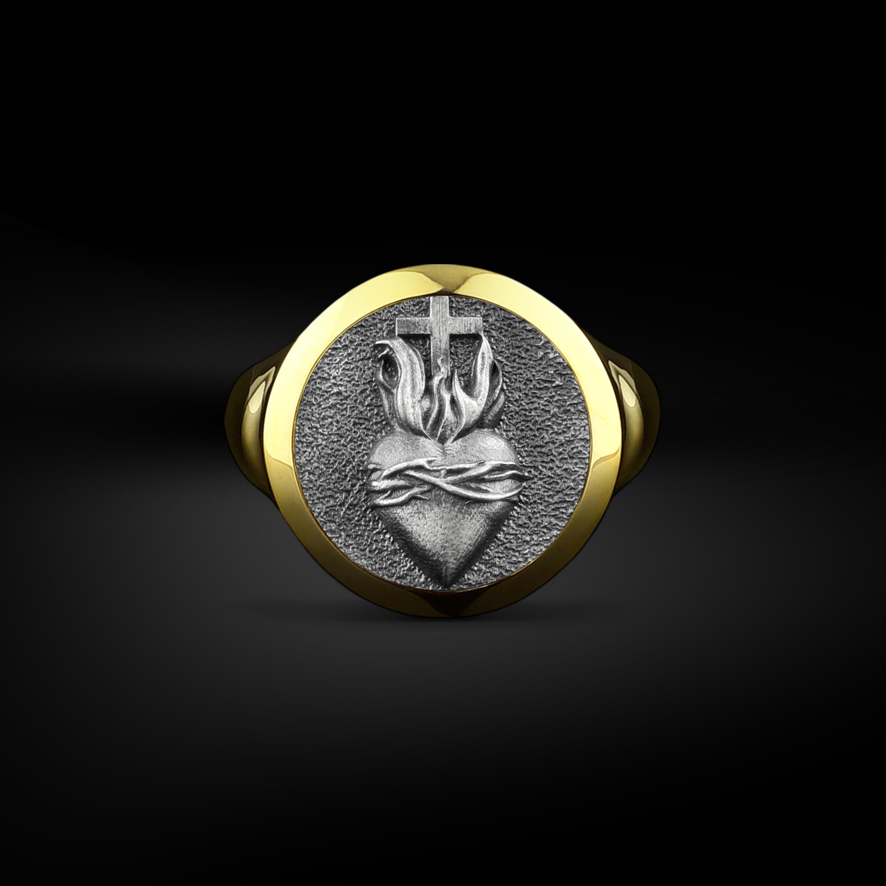 Christ Sacred Heart Signet Men Ring in 925K Silver, Religious Catholic ...