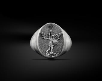 Handamde Saint Michael Signet Oxidized Silver Men Ring, St Archangel Michael Christian Pinky Ring, Religious Gift for Anniversary Days