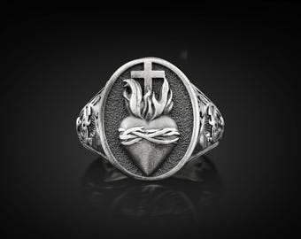 Sacred Heart of Jesus Signet 925K Silver Men Ring, Religious Christian Ring Jewerly for Boyfriend, Cross and Heart Rings Confirmation Gift