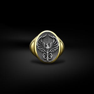 Reborn Phoenix Bird Signet Men Ring in Sterling Silver, Greek Mythology Fire Bird Phoenix Gift Jewelry, Gold Plated Silver Animal Lover Gift
