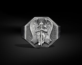 Michael The Archangel Signet Silver Ring for Men, Saint Michael Catholic Oxidized Silver Ring, Best Orthodox Christian Birthday Jewelry