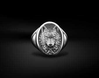 Classic Oval Wild Wolf Signet Pinky Men Ring in Polished Silver, Scandinavian Fenrir Wolf Wedding Rings, Biker Spirit Chunky Gift Jewelry