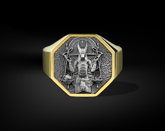 Silver Anubis Egyptian Goddess Signet Men Ring, Ancient Mythology Ring for Boyfriend in Gold Plated Silver, Hieroglyphics Jewelry for Men
