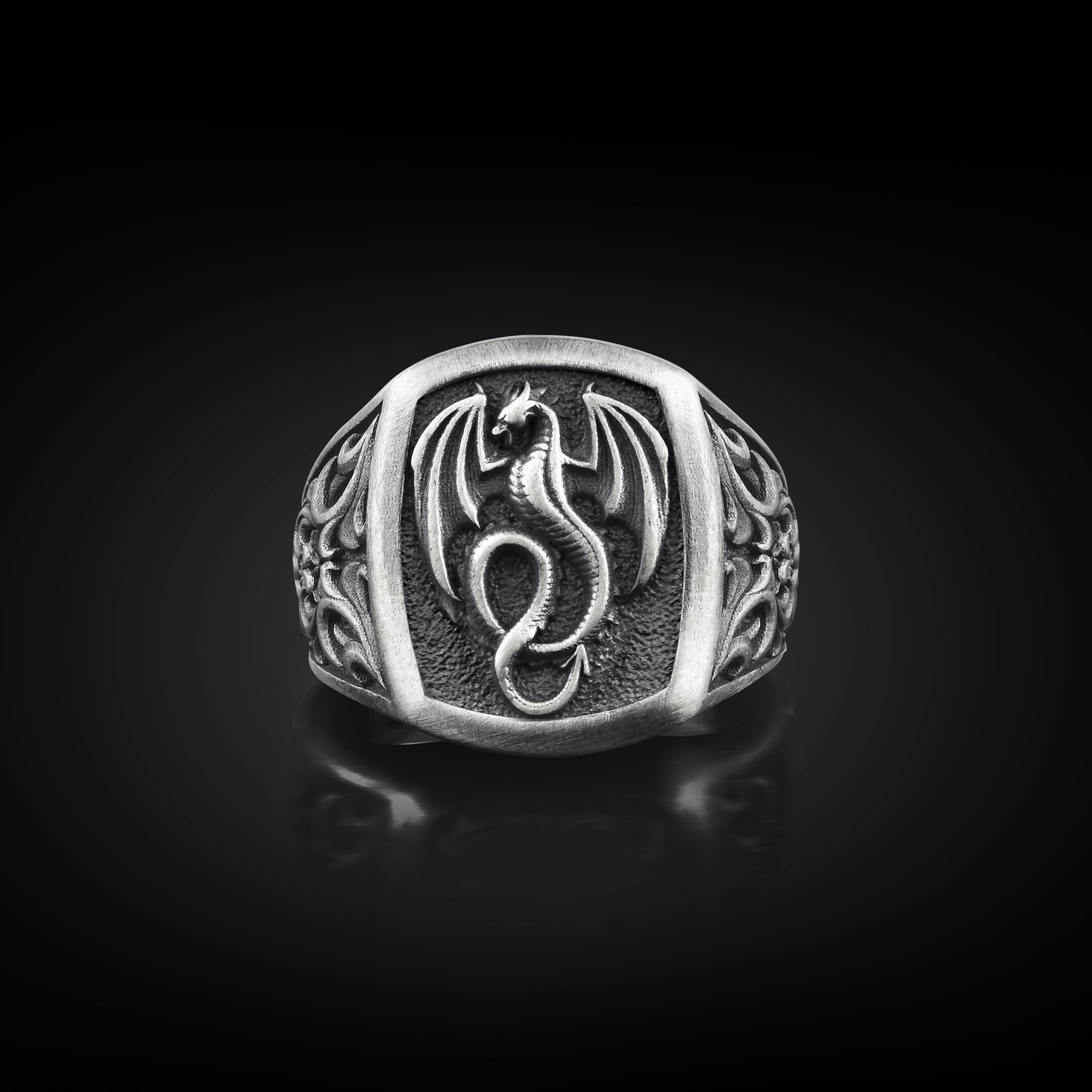 925スターリングシルバードラゴンメンズシグネットリング、日本製龍王 