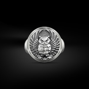 Owl The Sign of Wisdom Signet Ring for Men in Sterling Silver, Tiny Bird Ring for Nature Oxidized Silver Rings, Pinky Owl Jewelry Men Gift