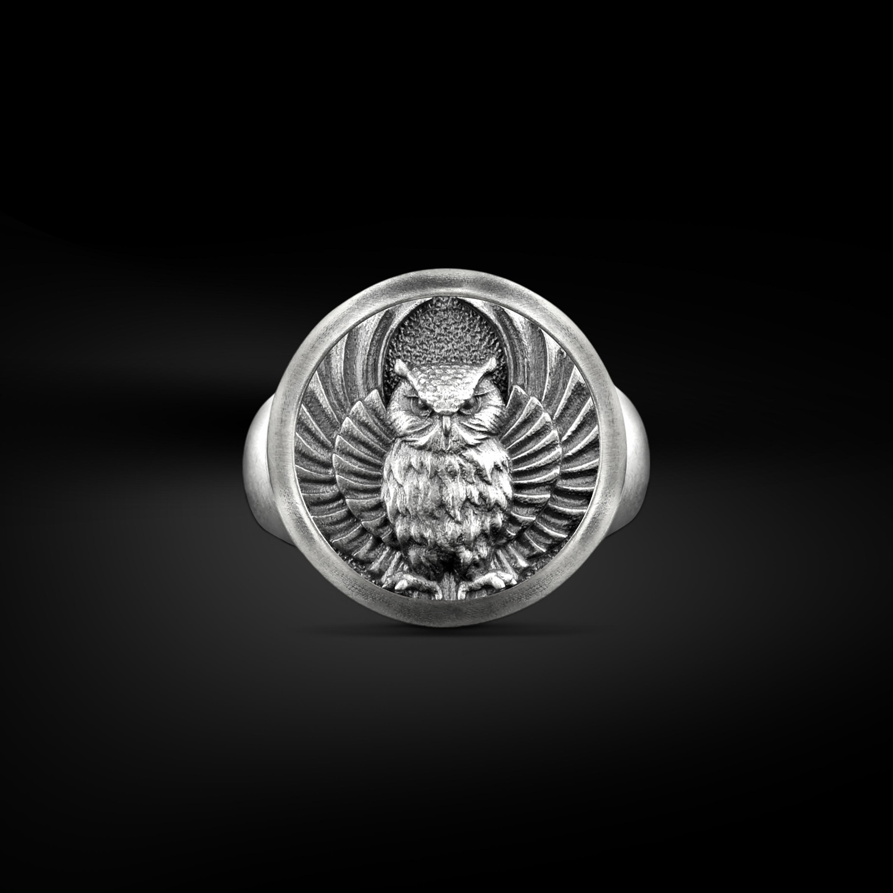 Owl The Sign of Wisdom Signet Ring for Men in Sterling Silver, Tiny Bird Ring for Nature Oxidized Si