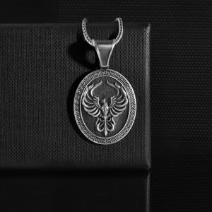 Minimalist Fire Phoenix Necklace for Men in 925 Sterling Silver, Oval Personalized Phoenix Pendant, Unique Mythical Necklace Jewelry for Mom