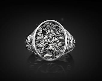 Sunflower Oval Silver Signet Men Ring, Engraved Daisy Flower Ring for Best Friend, Floral Rings in Silver, Nature Jewelry Memorial Gift
