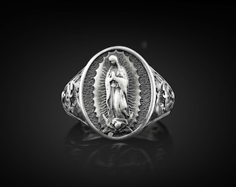 Virgin Mary of Guadalupe Signet Silver MenRing, Our Lady of Guadalupe Catholic Mothers Ring Jewelry, Dainty Christian Memorial Gift for Mom
