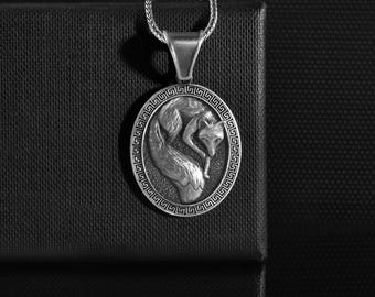 Japanese Fox Kitsune Silver Men Necklace, Sterling Silver Oval Animal Lover Fox Pendant, Handmade Personalized Mthological Animal Jewelry
