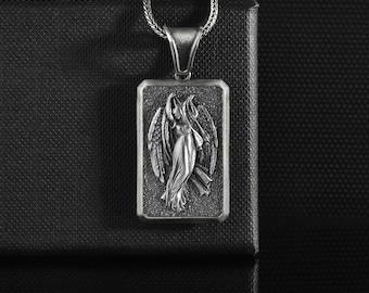 925K Silver Minimalist Winged Night Angel Necklace for Him or Her, Handmade Female Angel Personalized Pendant, Unique Religious Gift Jewelry