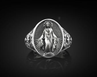 Unique Handmade Holy Mary of Immaculate Signet Silver Men Ring, Virgin Mary Ring in 925K Sterling Silver Jewelry, Engraved Christian Gift