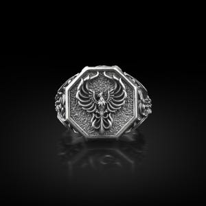 Phoenix Mythology Mens Signet Silver Men Ring, Fire Bird Engraved Fantasy Ring in Sterling Silver, Unique Ring for Boyfriend, Gift Men Ring