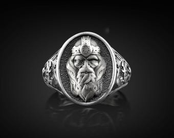 Norse God Odin Men Signet Men Silver Ring, Viking Mythology Goddess Rings for Boyfriend, Scandinavian Men Jewelry, Fantasy Gift for Husband