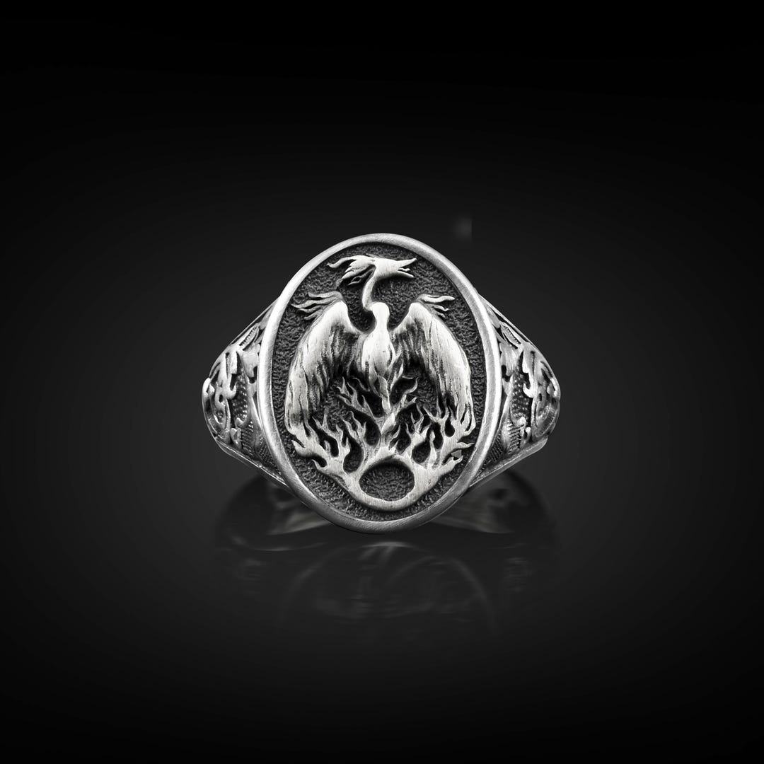 Phoenix Dainty Engraved Signet Ring for Men in Sterling Silver, Fire ...