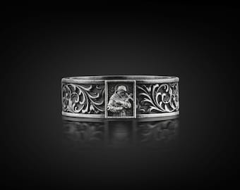 Saint Francis of Assisi Sterling Silver Band Ring for Men, Oxidized Christian Orthodox Ring, 925 Solid Silver Leaf Pattern Women Jewelry