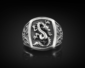 Handmade Japanese Dragon Signet Ring for Men, 925 Sterling Silver Watatsumi Ring, Traditional Ocean Dragon Jewelry, Unique Gift for Him