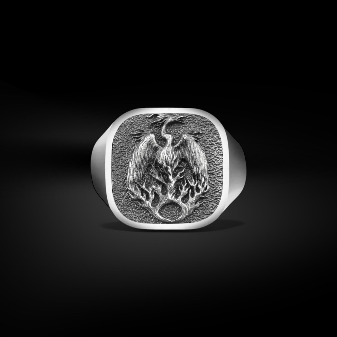 Fire Bird Phoenix Handmade Engraved Men Polished Silver Ring, Sterling ...