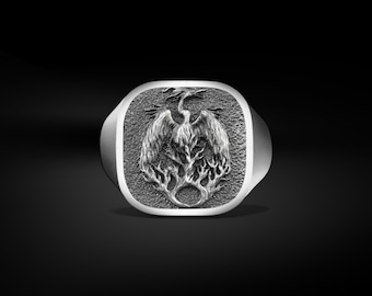 Fire Bird Phoenix Handmade Engraved Men Polished Silver Ring, Sterling Silver Simurg Men Rings, Phoenix Birds Fantasy Gift Jewelry for Mom
