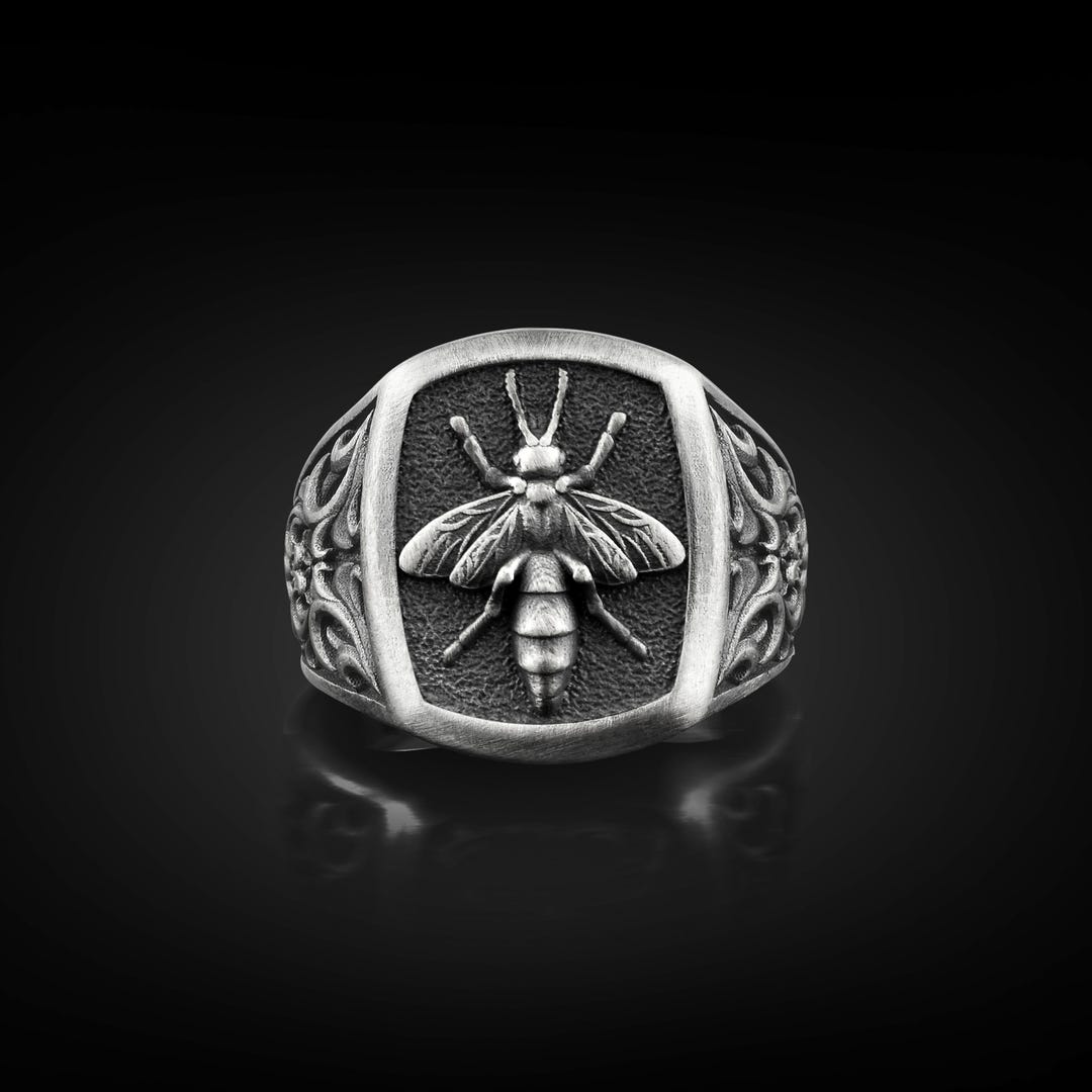 Pure Mother Bee Melissa Oxidized Silver Signet Men Ring, Aristaeus
