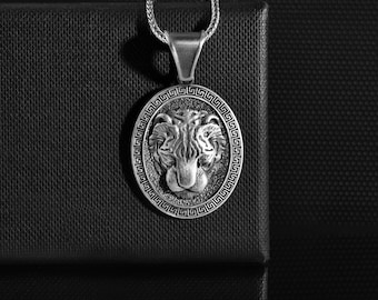 Personalized Asian Tiger Face Engraved Oval Silver Men Necklace, Custom Engraved Tiger Head Pendant, Elegant Animal Lover Gift Men Jewelry