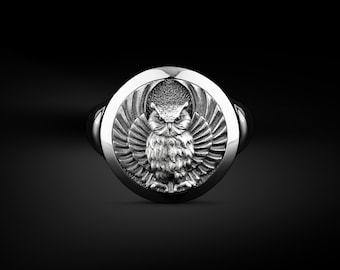 Owl The Sign of Wisdom Signet Ring for Men in Sterling Silver, Tiny Bird Ring for Nature Polished Silver Rings, Pinky Owl Jewelry Men Gift