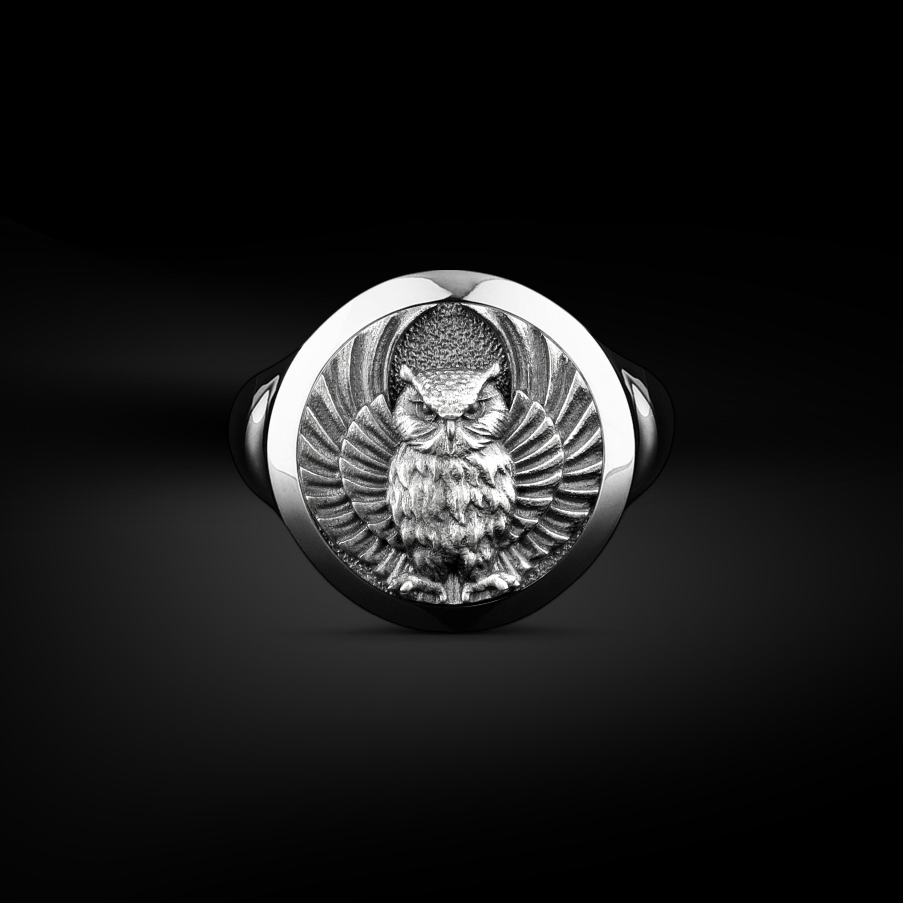 Owl The Sign of Wisdom Signet Ring for Men in Sterling Silver, Tiny Bird Ring for Nature Polished Si