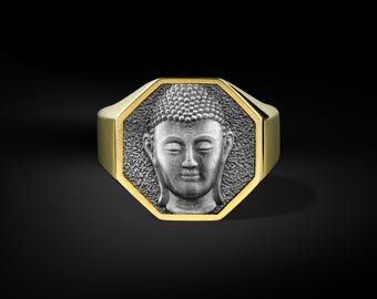 Buddha Dainty Mystical Signet Mens Ring in Sterling Silver, Minimalist Healing Gold Plated Silver Rings, Spiritual Buddhist Gift Men Jewelry