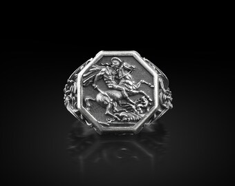 Anillo con sello de fe de San Jorge de Lida para hombre, anillo cristiano de San Jorge para familia en plata, joyería religiosa hexagonal, regalo de cumpleaños
