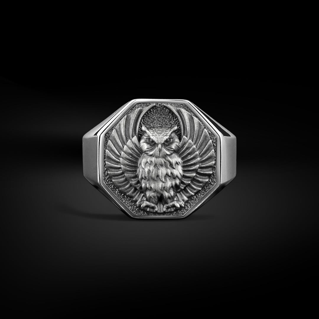 Engraved Owl Animal Signet Ring for Men in Sterling Silver, Minimalist ...