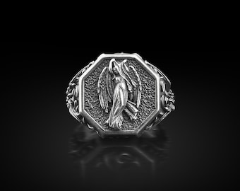 Night Angel Antique Signet Silver MenRing, Engraved Christian Protection Ring in Silver, Geometric Religious Ring, Silver Gift Men Ring