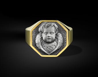 Anillo de plata para hombre con delicado sello y grabado de ángel bebé, Anillo de plata chapada en oro con el nombre de mi ángel de la guarda para madres, Joyería mística, Regalo para ella