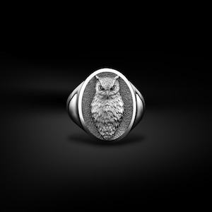 Handmade Owl Bird Engraved Signet Men Ring in Sterling Silver, Oval Owl with Wings Pinky Rings Jewelry in Polished Silver, Gift for Birthday