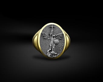 Handamde Saint Michael Signet Gold Plated Silver Men Ring, St Archangel Michael Christian Pinky Ring, Religious Gift for Anniversary Days