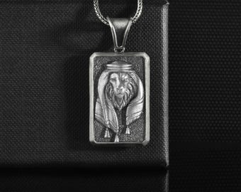 Sterling Silver Arabic Keffiyeh Lion Silver Men Necklace, Personalized Arabic Leo Pendant, African Lion Charm Mens Gift  Birthday Jewelry