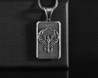 Phoenix Bird Rising Sterling Silver Medal Personalized Men Necklace, Greek Mythological Winged Creature Pendant, Handmade  Mythology Gifts