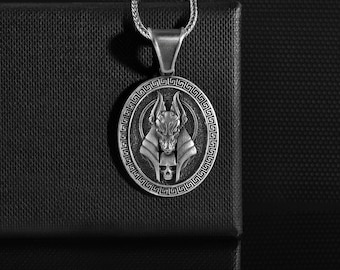 Personalized Oval Shaped Scales and Anubis Men Neckalce in 925K Sterling Silver, Egyptian God Anubis Pendant, Engraved Name Jewelry Gifts