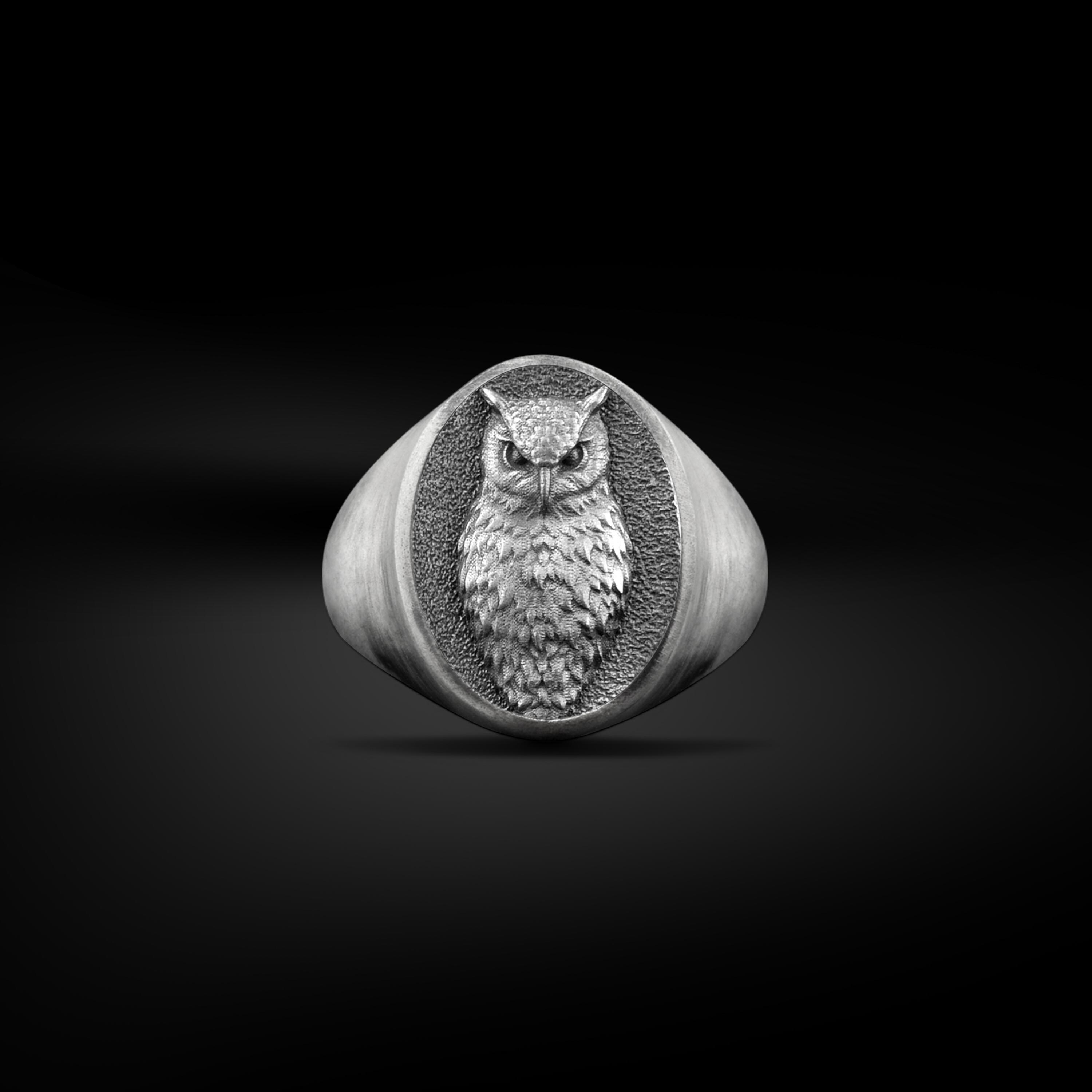 Handmade Owl Bird Engraved Signet Men Ring in Sterling Silver, Oval Owl with Wings Pinky Rings Jewel