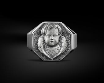 Anillo de plata para hombre con delicado sello y grabado de ángel bebé, Anillo de plata pulida "Mi ángel de la guarda" para madres, Joyería mística, Regalo para ella