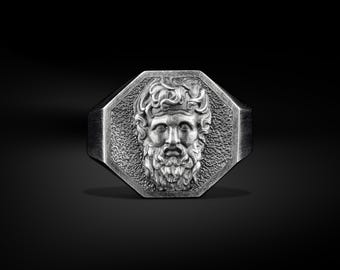 Oxidized Silver Handmade Zeus Mens Signet Men Ring, Greek Mythology Sterling Silver Ring for Him, Minimalist Ancient Goddess Jewelry