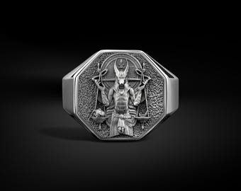 Silver Anubis Egyptian Goddess Signet Ring for Men, Ancient Mythology Ring for Boyfriend in Polished Silver, Hieroglyphics Jewelry for Men