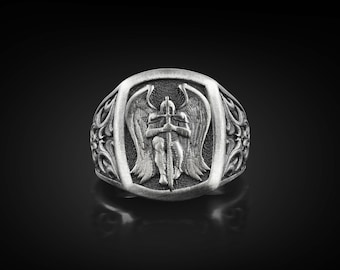 Archangel Knight Saint Michael Silver Men Ring, Silver Saint Michael Catholic Knight Men Rings, Religious Christian Gift Jewelry Rings